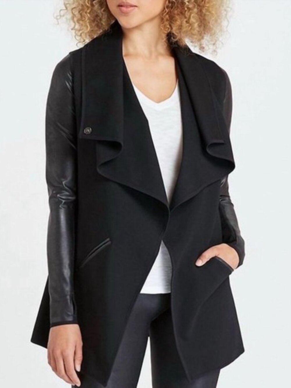 Spanx Jacket Sz XS Drape Front Convertible 50176R Ponte Faux Leather Trim
